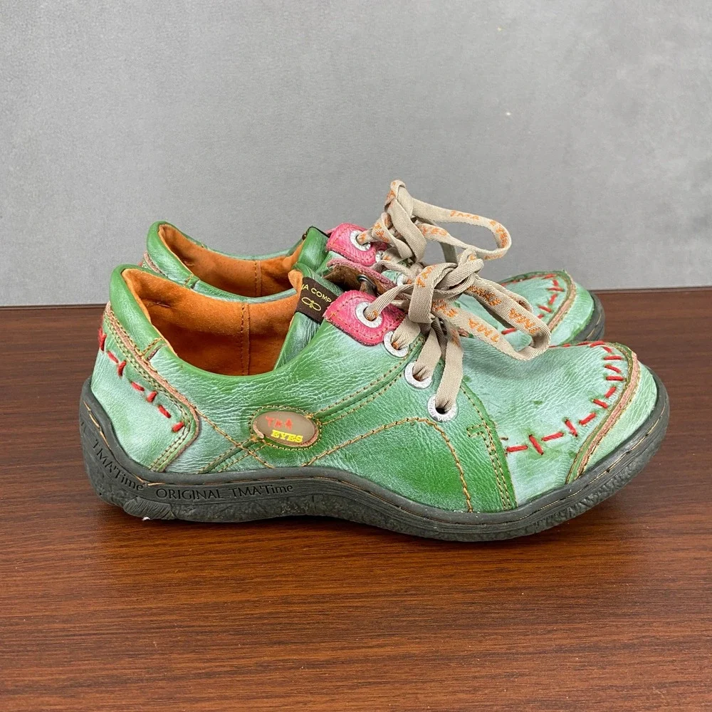 TMA Eyes Green Leather Whipstitch Lace Up Oxford Shoes Womens 7.5 EUR 38